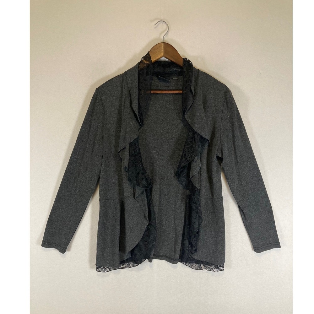 Dark Academia Travel by Tribal Womens Size Medium Grey Lace Ruffle Cardigan